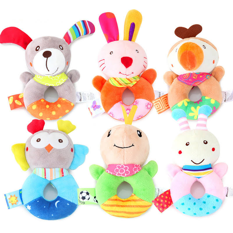 Cute Baby Soft Stuffed Animal Rattle with Teether Sound, Developmental Hand Grip Toys for Kids